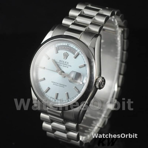 Replica Rolex Day-Date 36mm unisex-118206-IJsblauwe wijzerplaat-gepolijst platina ring Ijsblauw