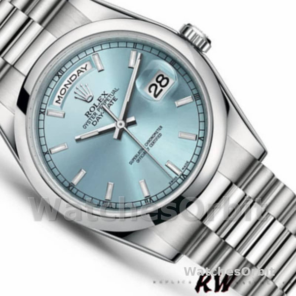 Replica Rolex Day-Date 36mm unisex-118206-IJsblauwe wijzerplaat-gepolijst platina ring Ijsblauw