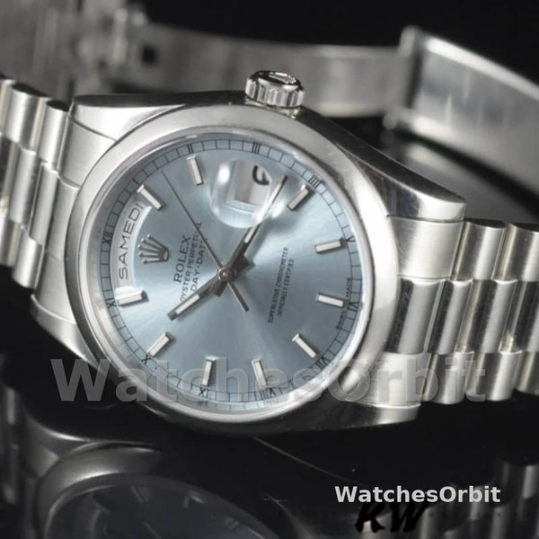 Replica Rolex Day-Date 36mm unisex-118206-IJsblauwe wijzerplaat-gepolijst platina ring Ijsblauw