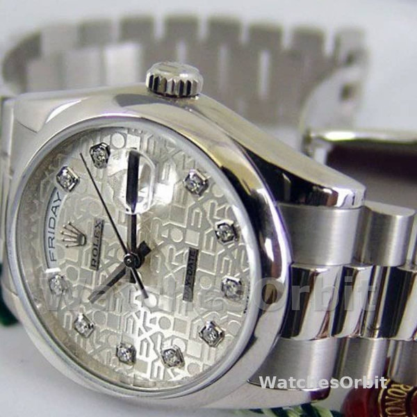 Replica Rolex Unisex's Day-Date 36mm Unisex-118206-Jubileum-Zilveren Wijzerplaat-Diamanten Zilver