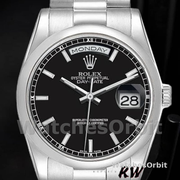 Replica Rolex Day-Date 36mm Unisex-118206-Platinum-Zwarte Wijzerplaat Luxe