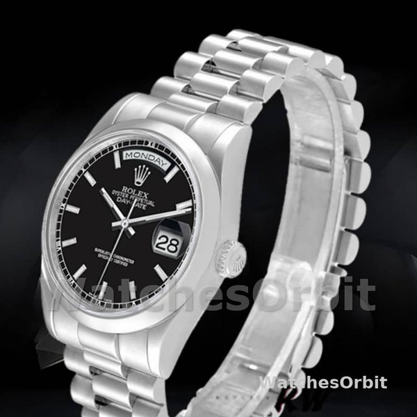Replica Rolex Day-Date 36mm Unisex-118206-Platinum-Zwarte Wijzerplaat Luxe
