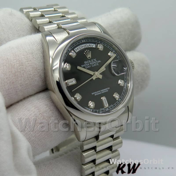 Replica Rolex Day-Date 36mm Unisex-118206-Platinum-Zwart Diamond Dial Zwart