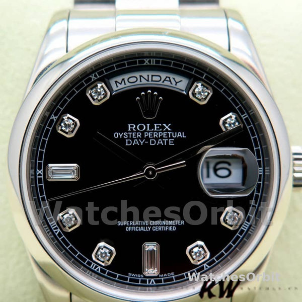 Replica Rolex Day-Date 36mm Unisex-118206-Platinum-Zwart Diamond Dial Zwart