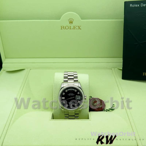 Replica Rolex Day-Date 36mm Unisex-118206-Platinum-Zwart Diamond Dial Zwart