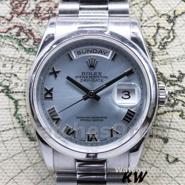 Replica Rolex Day-Date 36mm Unisex-118206-Platinum-Ice Blue Dial Ijsblauw