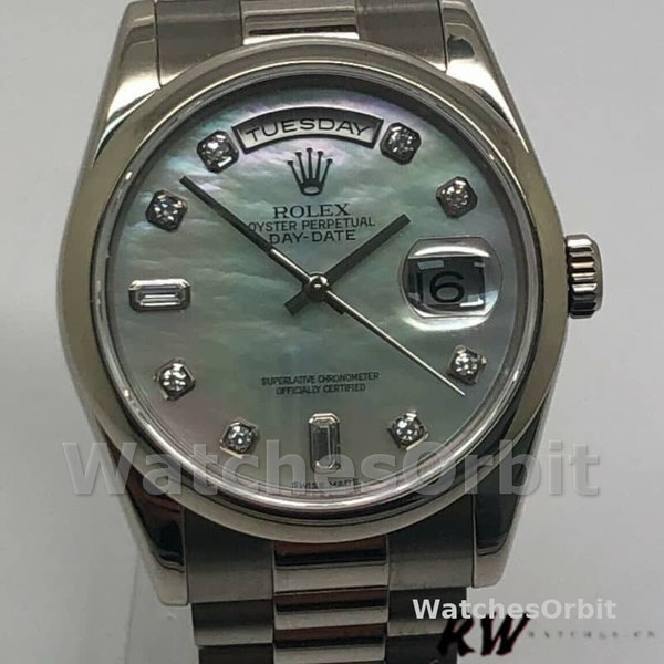Replica Rolex Day-Date 36mm unisex-118206-platina-wit parelmoer-diamant wijzerplaat MOP