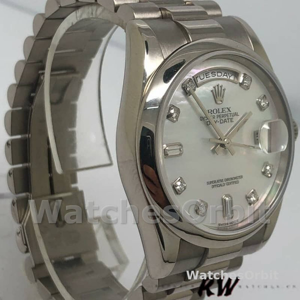 Replica Rolex Day-Date 36mm unisex-118206-platina-wit parelmoer-diamant wijzerplaat MOP