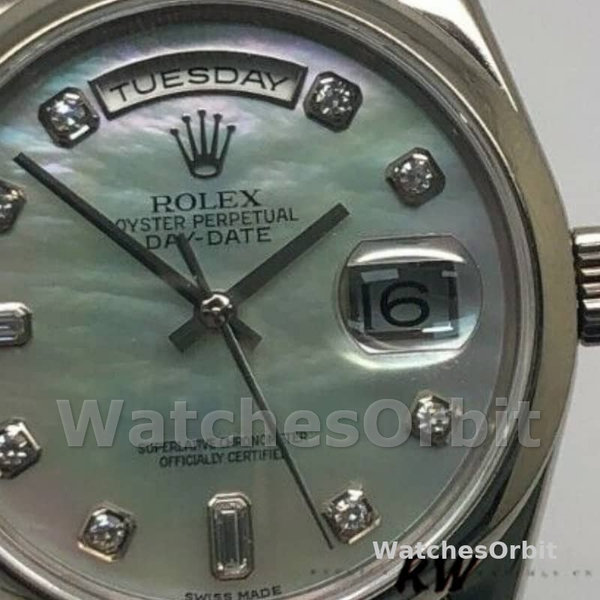 Replica Rolex Day-Date 36mm unisex-118206-platina-wit parelmoer-diamant wijzerplaat MOP