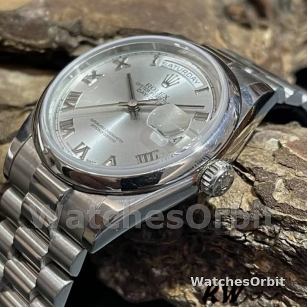 Replica Rolex Unisex's Day-Date 36mm Unisex-118206-Rhodium Grijze Wijzerplaat-Romeinse Cijfers