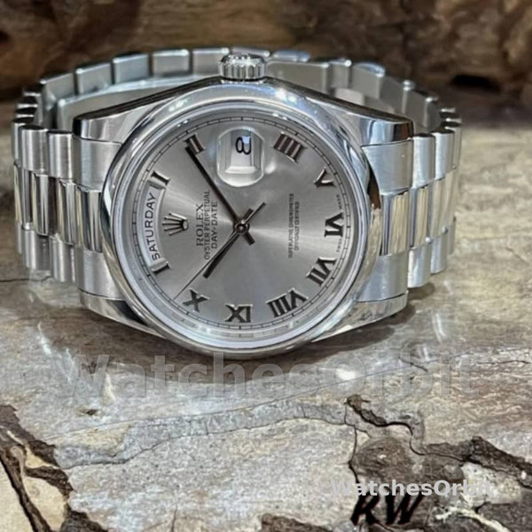 Replica Rolex Unisex's Day-Date 36mm Unisex-118206-Rhodium Grijze Wijzerplaat-Romeinse Cijfers
