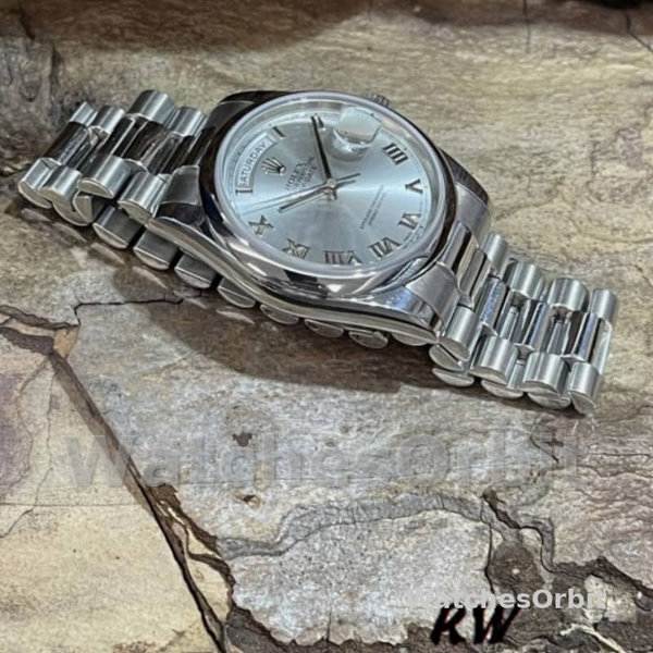 Replica Rolex Unisex's Day-Date 36mm Unisex-118206-Rhodium Grijze Wijzerplaat-Romeinse Cijfers