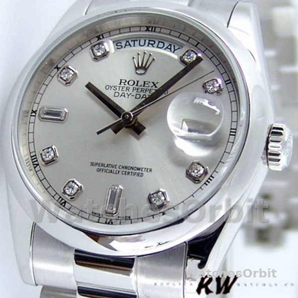 Replica Rolex Day-Date 36mm Unisex-118206-Zilver Diamanten Wijzerplaat-Platina Zilver