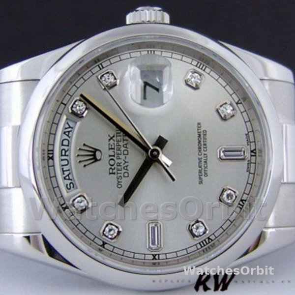 Replica Rolex Day-Date 36mm Unisex-118206-Zilver Diamanten Wijzerplaat-Platina Zilver