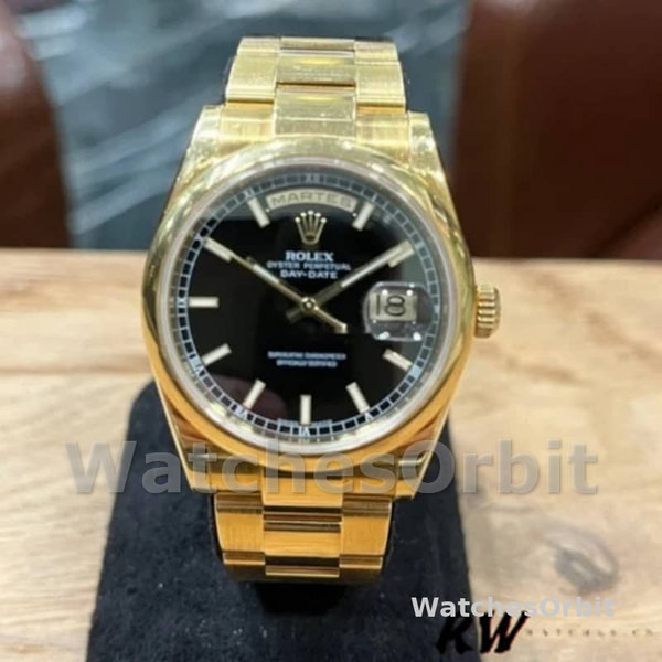 Replique Rolex Day-Date 36mm Unisex-118208-Cadran arabe noir-or jaune noir