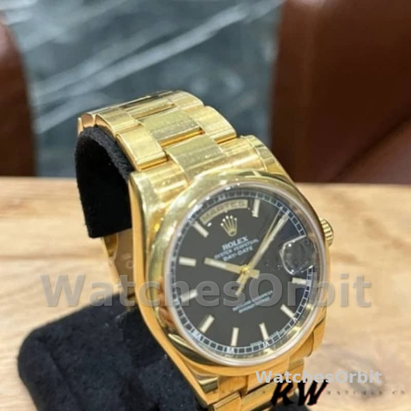Replique Rolex Day-Date 36mm Unisex-118208-Cadran arabe noir-or jaune noir