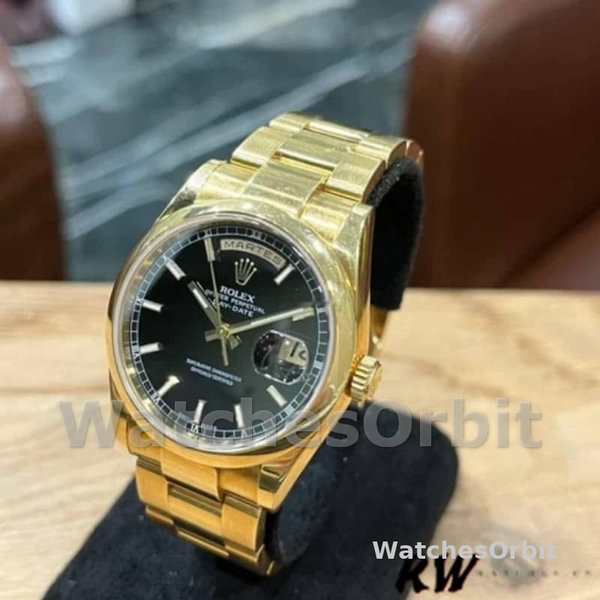 Replique Rolex Day-Date 36mm Unisex-118208-Cadran arabe noir-or jaune noir