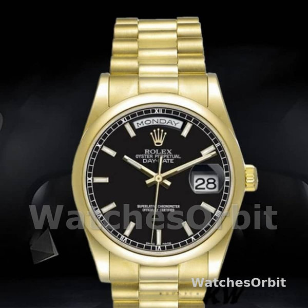 Replique Rolex Day-Date 36mm Unisex-118208-Cadran noir-Automatique-Or jaune Noir