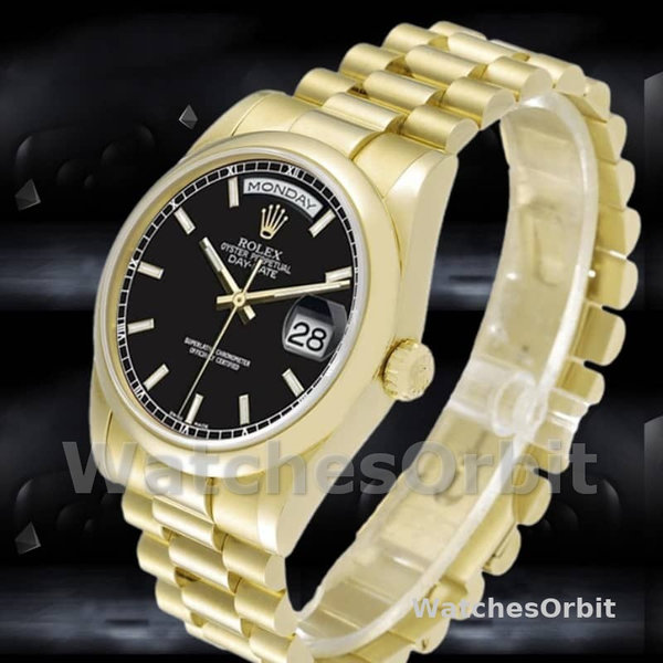 Replique Rolex Day-Date 36mm Unisex-118208-Cadran noir-Automatique-Or jaune Noir