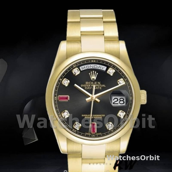 Replique Rolex Day-Date 36mm Unisex-118208-Cadran diamant noir-Boîtier or jaune noir