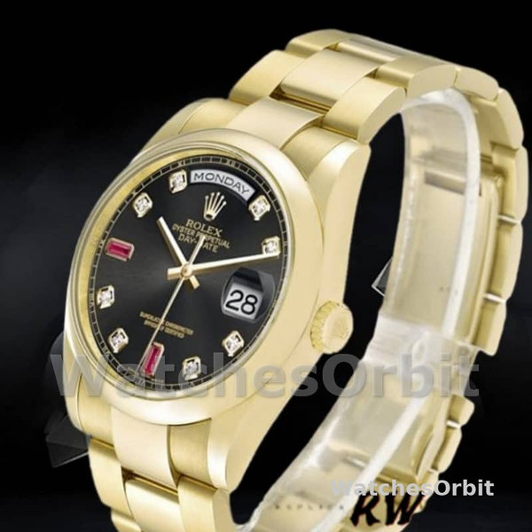 Replique Rolex Day-Date 36mm Unisex-118208-Cadran diamant noir-Boîtier or jaune noir