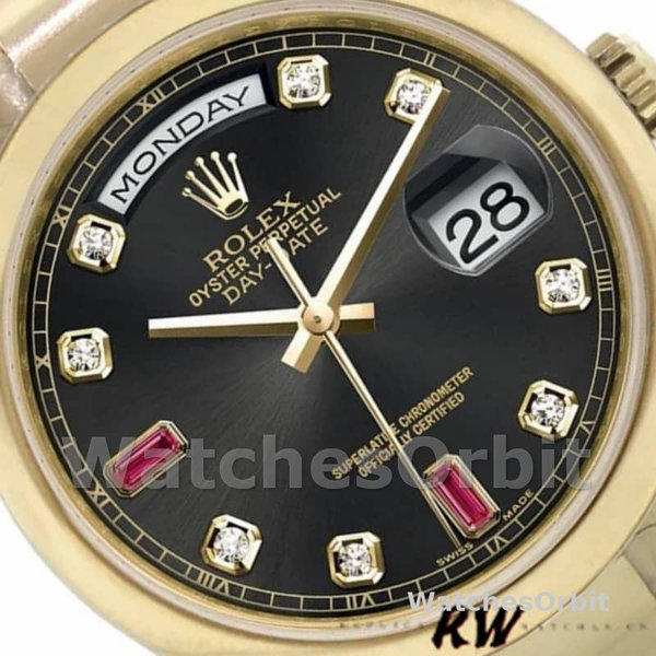 Replique Rolex Day-Date 36mm Unisex-118208-Cadran diamant noir-Boîtier or jaune noir