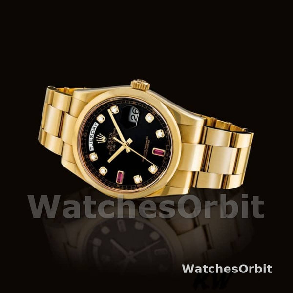 Replique Rolex Day-Date 36mm Unisex-118208-Cadran diamant noir-Boîtier or jaune noir
