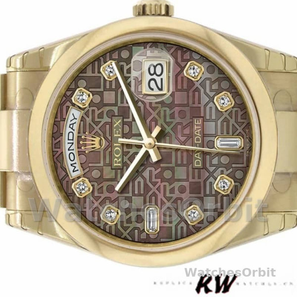 Replique Rolex Day-Date 36mm Unisex-118208-Noir Cadran Nacre-Diamant MOP