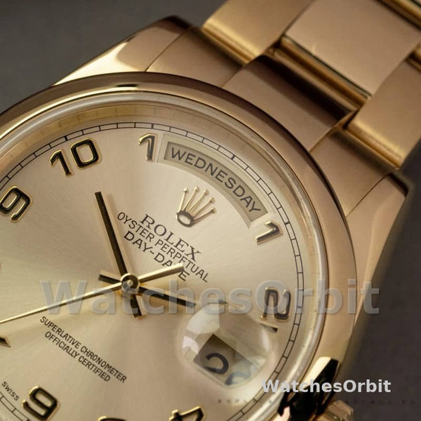 Replique Rolex Day-Date 36mm Unisex-118208-Cadran champagne-horloges chiffres arabes-or jaune champagne