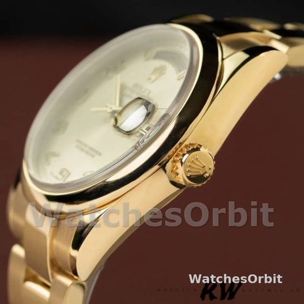 Replique Rolex Day-Date 36mm Unisex-118208-Cadran champagne-horloges chiffres arabes-or jaune champagne