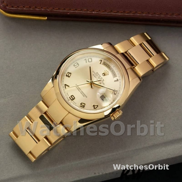 Replique Rolex Day-Date 36mm Unisex-118208-Cadran champagne-horloges chiffres arabes-or jaune champagne