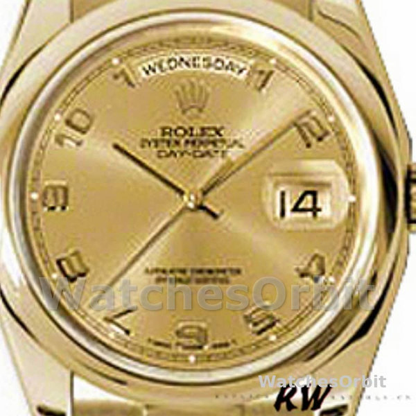 Replique Rolex Day-Date 36mm Unisex-118208-Cadran champagne-horloges en chiffres arabes-or jaune champagne