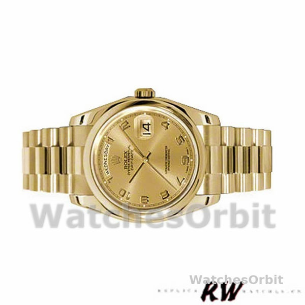 Replique Rolex Day-Date 36mm Unisex-118208-Cadran champagne-horloges en chiffres arabes-or jaune champagne