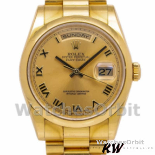 Replique Rolex Day-Date 36mm Unisex-118208-Champagne Cadran-Numéros romains Champagne