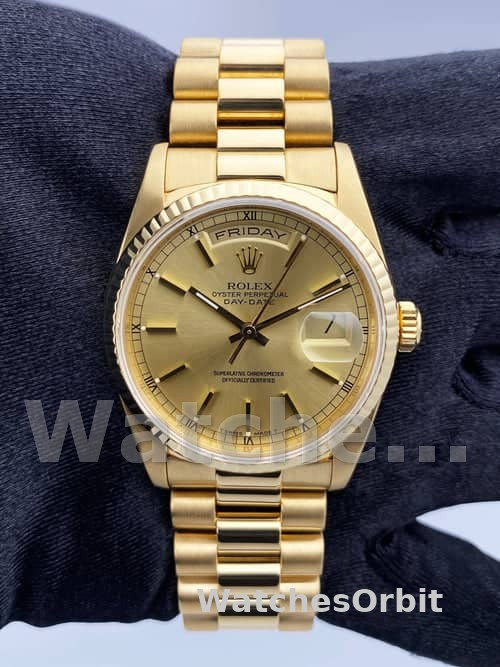 Replica Rolex Day-Date 36mm voor heren-118208-Champagne wijzerplaat-Gouden indexen-Geel goud