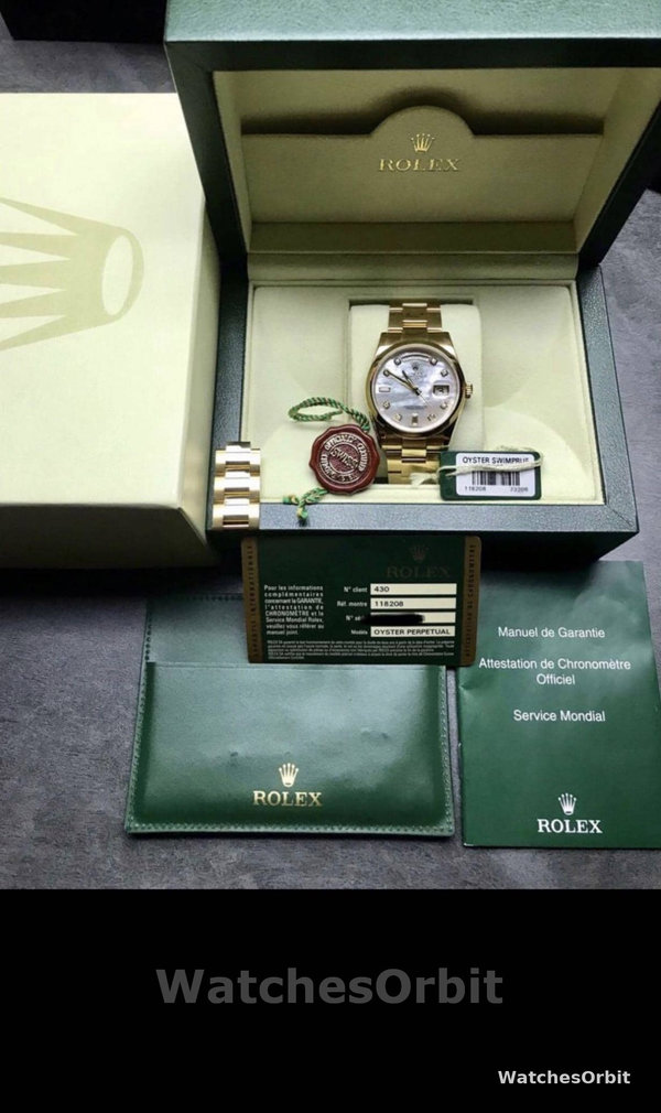 Replique Rolex Day-Date 36mm Unisex-118208-Mother of Pearl-Diamond Dial MOP