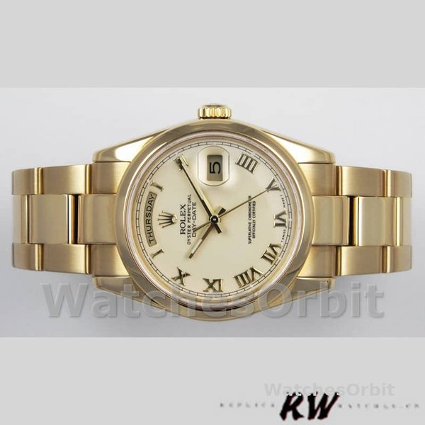 Replique Rolex Day-Date 36mm Unisex-118208-Roman Numeral Pyramid-Ivory Dial Ivoire