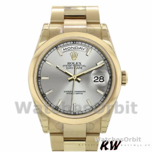 Replique Rolex Day-Date 36mm Unisex-118208-Cadran argenté-Or jaune argenté