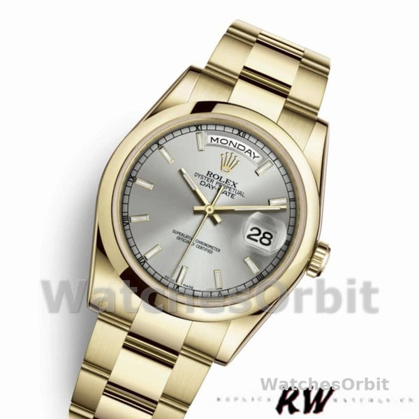 Replique Rolex Day-Date 36mm Unisex-118208-Cadran argenté-Or jaune argenté