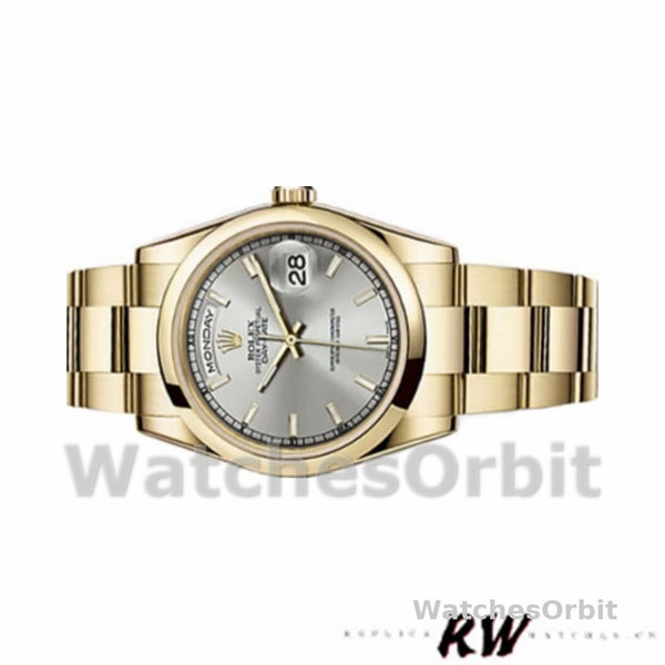 Replique Rolex Day-Date 36mm Unisex-118208-Cadran argenté-Or jaune argenté