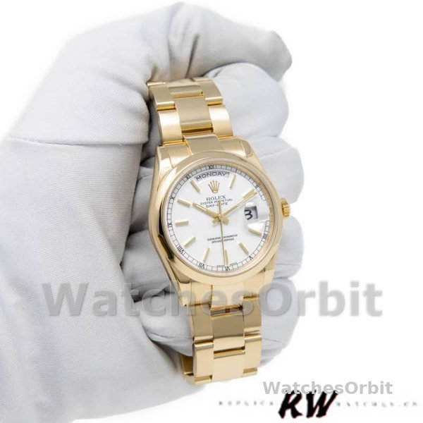 Replique Rolex Day-Date 36mm Unisex-118208-Cadran blanc-Or jaune Blanc
