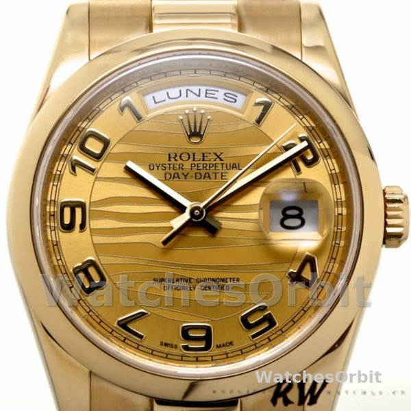 Replique Rolex Day-Date 36mm Unisex-118208-or jaune-numéro arabe-vague-cadran champagne Champagne