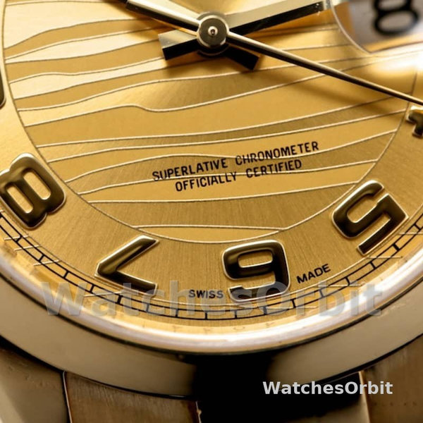 Replique Rolex Day-Date 36mm Unisex-118208-or jaune-numéro arabe-vague-cadran champagne Champagne