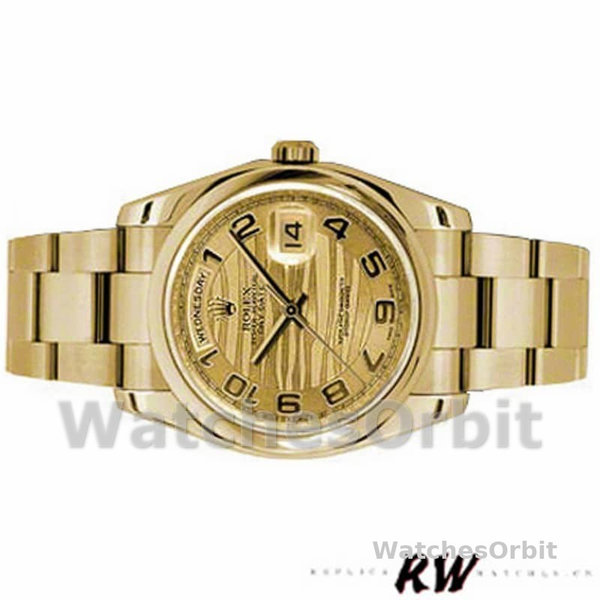 Replique Rolex Day-Date 36mm Unisex-118208-or jaune-numéro arabe-vague-cadran champagne Champagne