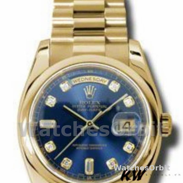 Replique Rolex Day-Date 36mm Unisex-118208-Or jaune Cadran bleu diamant Bleu