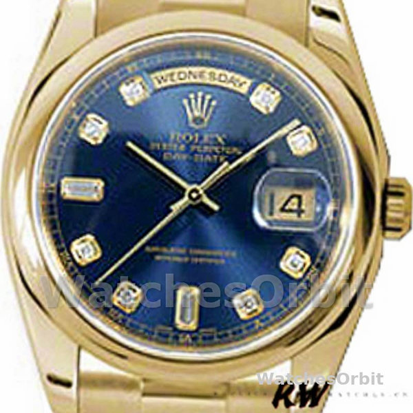 Replique Rolex Day-Date 36mm Unisex-118208-Or jaune Cadran bleu diamant Bleu