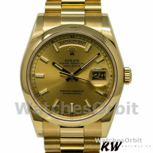 Replique Rolex Day-Date 36mm Unisex-118208-Or jaune Cadran champagne Champagne