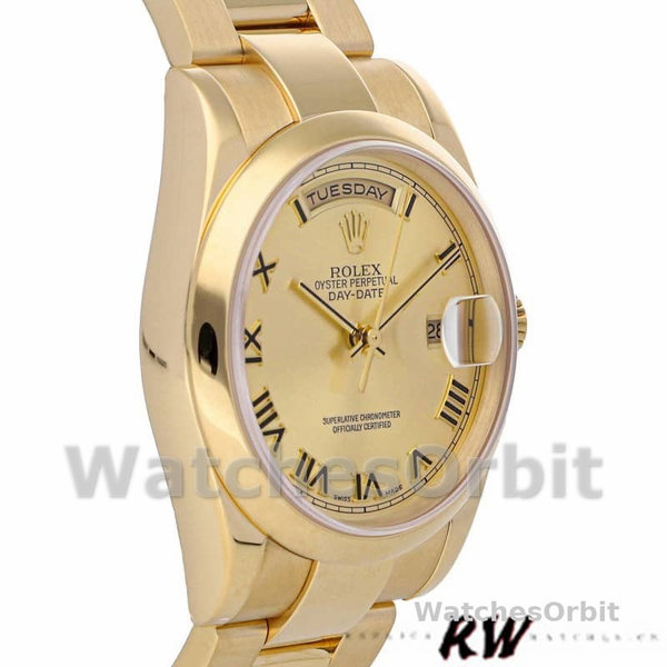 Replique Rolex Day-Date 36mm Unisex-118208-Or jaune Cadran Champagne-Numéros romains Champagne
