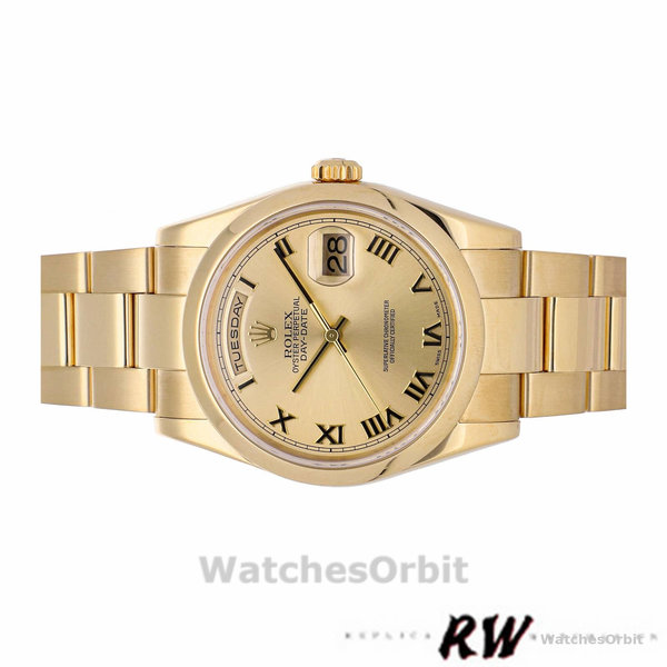 Replique Rolex Day-Date 36mm Unisex-118208-Or jaune Cadran Champagne-Numéros romains Champagne