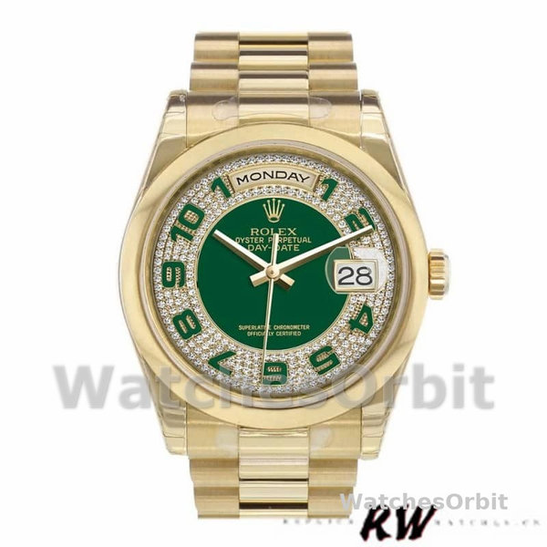 Replique Rolex Day-Date 36mm Unisex-118208-Or jaune-Diamant pavé vert-Cadran arabe Vert